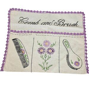 Vtg Embroidered Comb Brush Holder Handmade Pockets Purple Trim Hair Care Travel